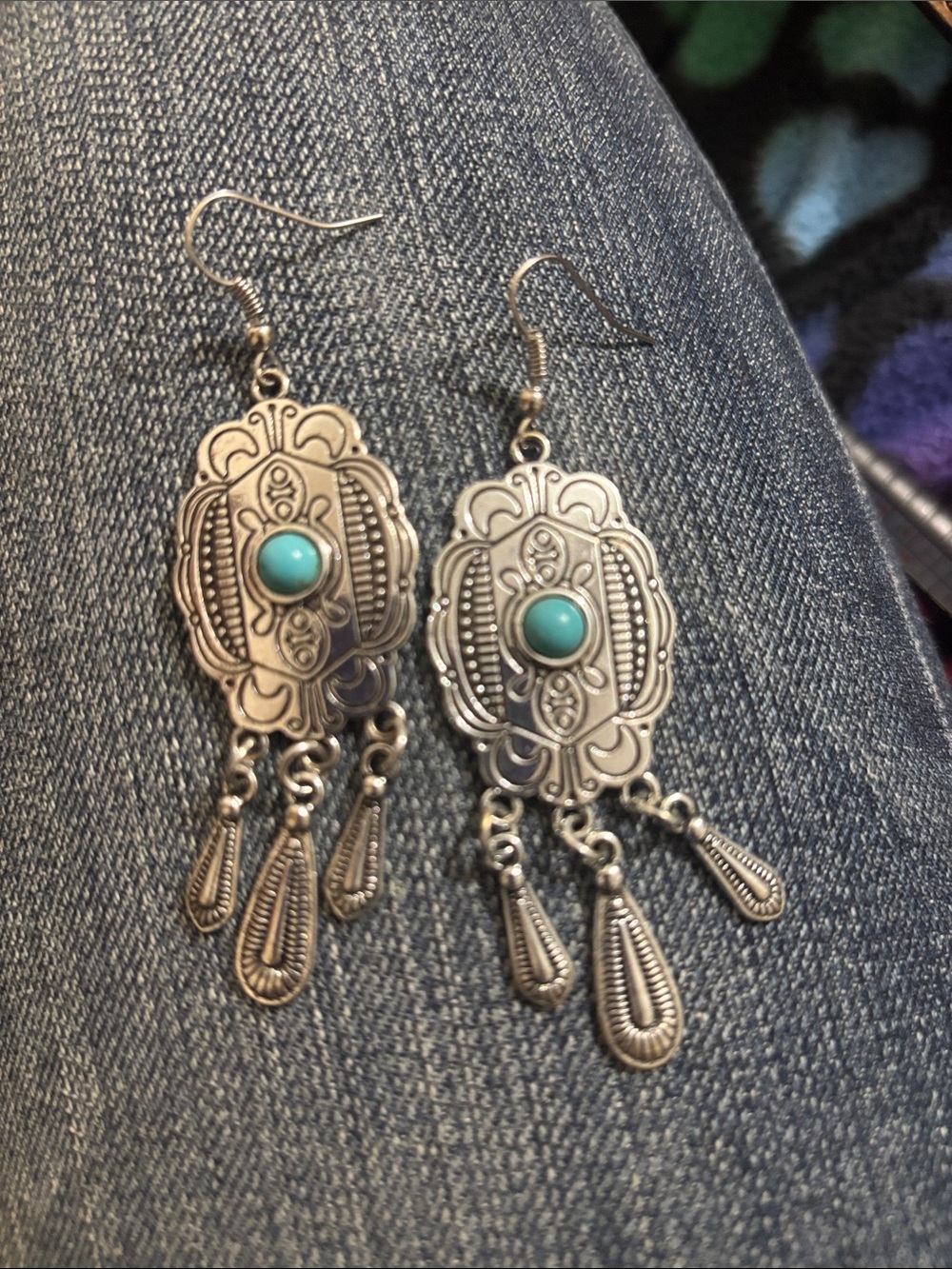 Boho Silver-Tone Dangle Earrings with Turquoise Accent